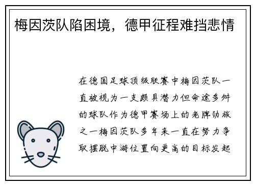 梅因茨队陷困境，德甲征程难挡悲情